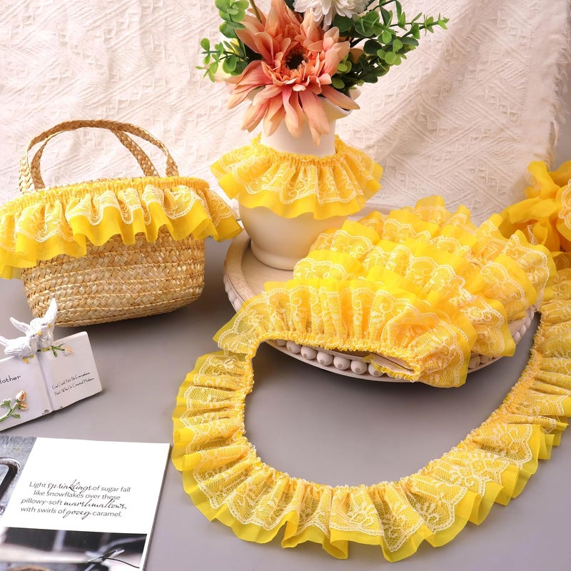 GXTIZAS Yellow Lace Ruffle Ribbon Double-Layer Pleated Chiffon 6cm Wide Lace Elastic Trim Wrinkle-Free Boxed for DIY Sewing, Clothing, Pillowcase Decoration(5yards) - Image 5